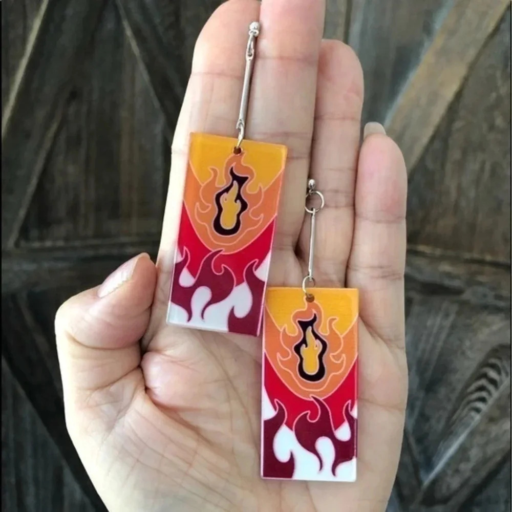 Flames Fire Retro Pop Asian Anime Style Rectangle Resin Drop Earrings J NWT